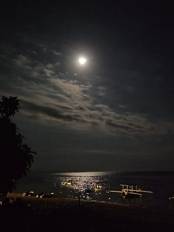Moonlit night over Denpasar's harbor and cloudy sky
