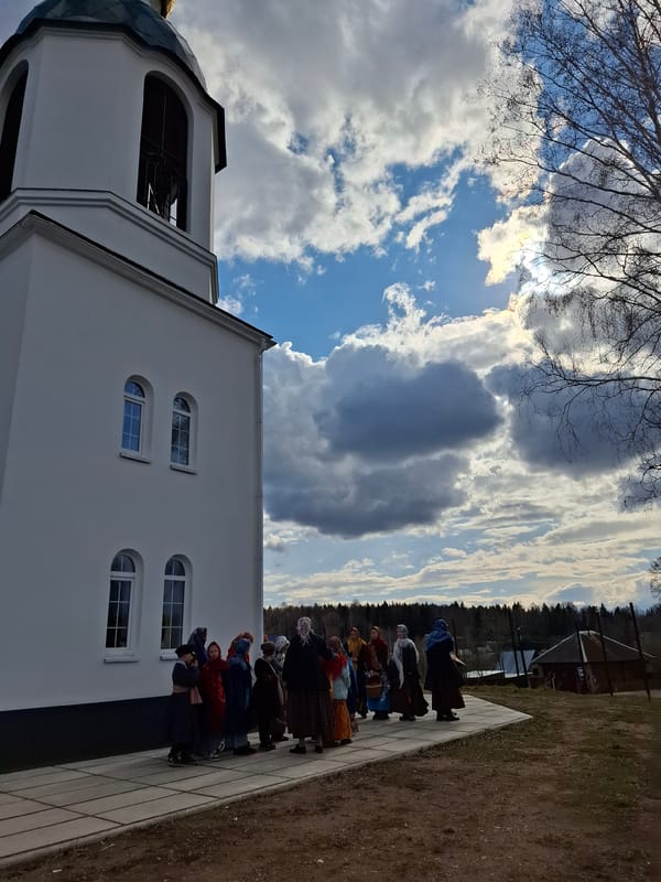 Women gather at Orthodox church in Markovo, Russia