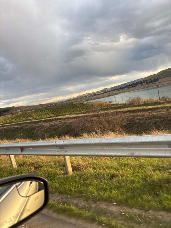 Vehicle travels past lake near Tbilisi, Georgia