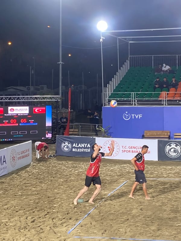 Beach volleyball game underway in Alanya, Turkey