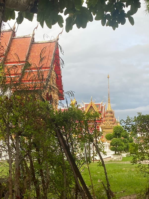 Buddhist temple documented through foliage in Choeng Thale, Thailand
