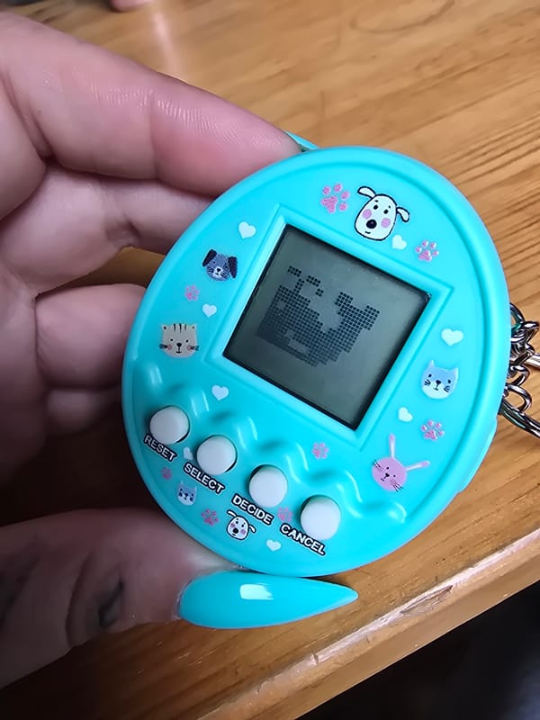 Person holds nostalgic electronic pet toy in Bulgaria