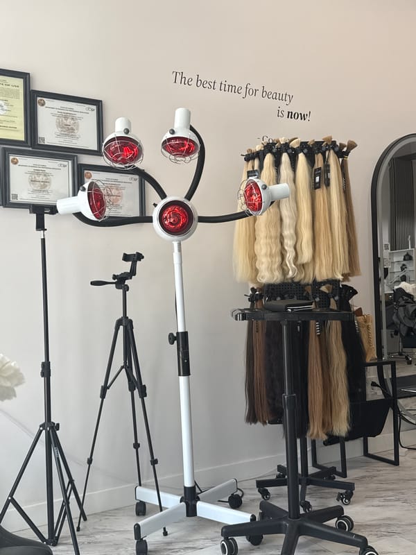 Hair extension display documented at Hollywood beauty salon