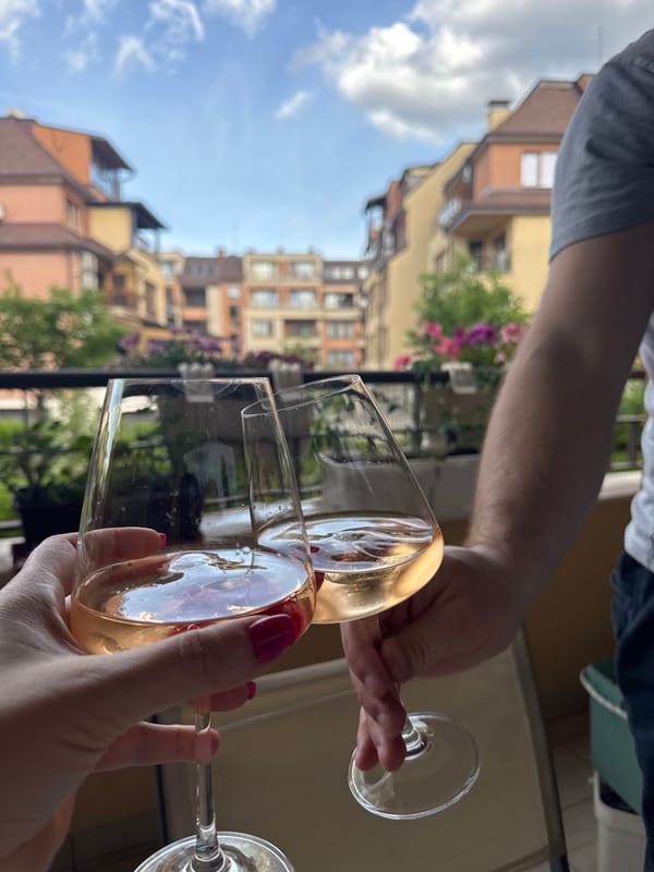 Afternoon balcony life captured across Sofia: wine, gardening, dogs