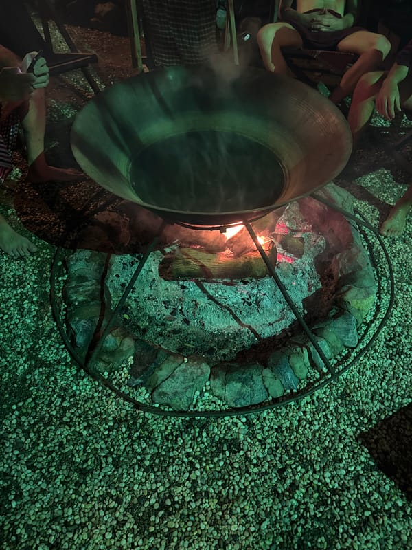 Outdoor cooking observed over fire pit in Thai village