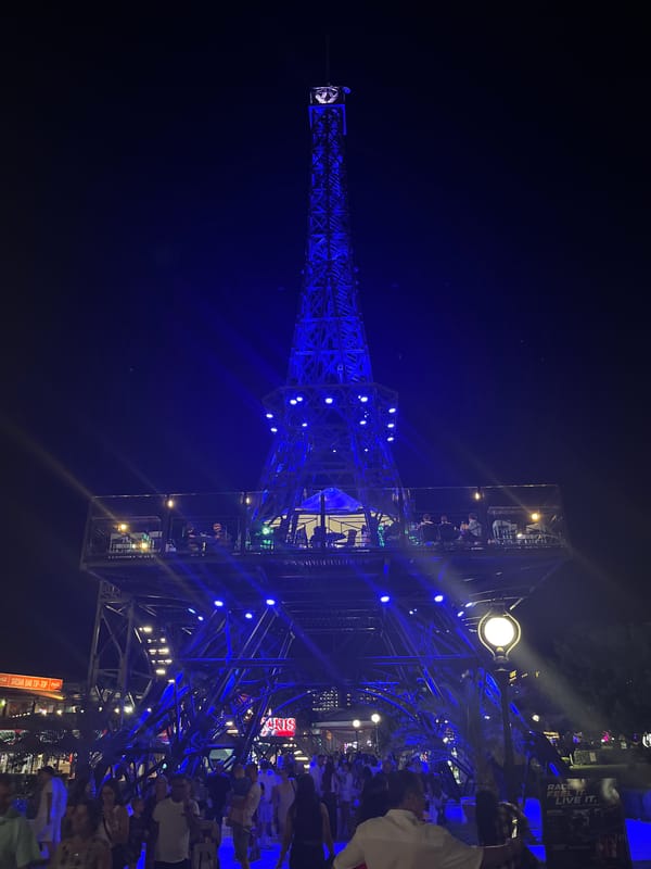 Blue-lit Eiffel Tower replica glows at night in Varna