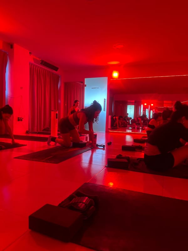 Red-lit exercise studio documented in Puebla, Mexico