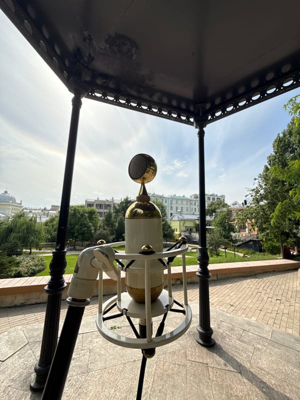 Vintage mic display against Moscow's Stalinist skyline