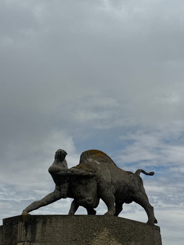 Stone bull-wrestling sculpture documented in Nagebi, Georgia