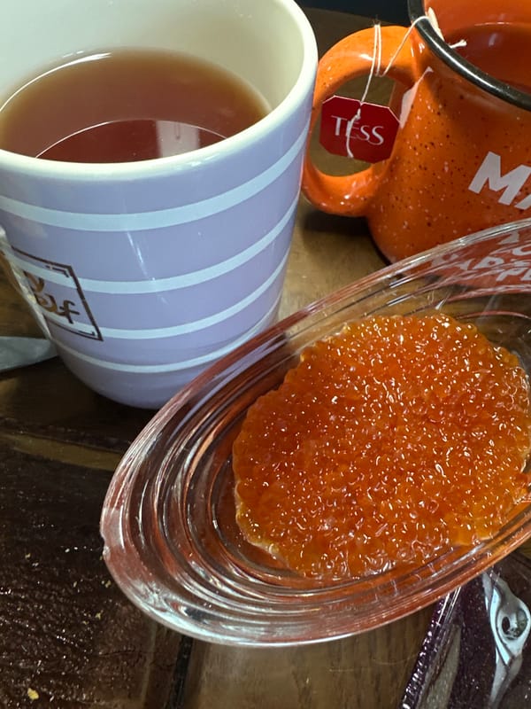 Luxury breakfast with caviar documented in Blagoveshchensk bedroom setting