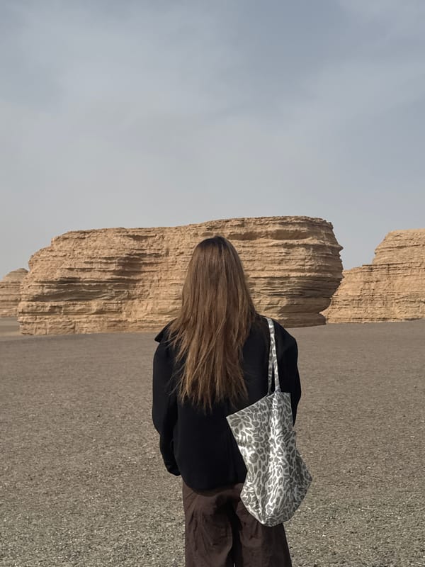 Woman spotted walking through Dunhuang desert landscape