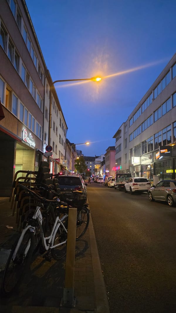 Evening out in Frankfurt: street food, drinks, and storefronts.