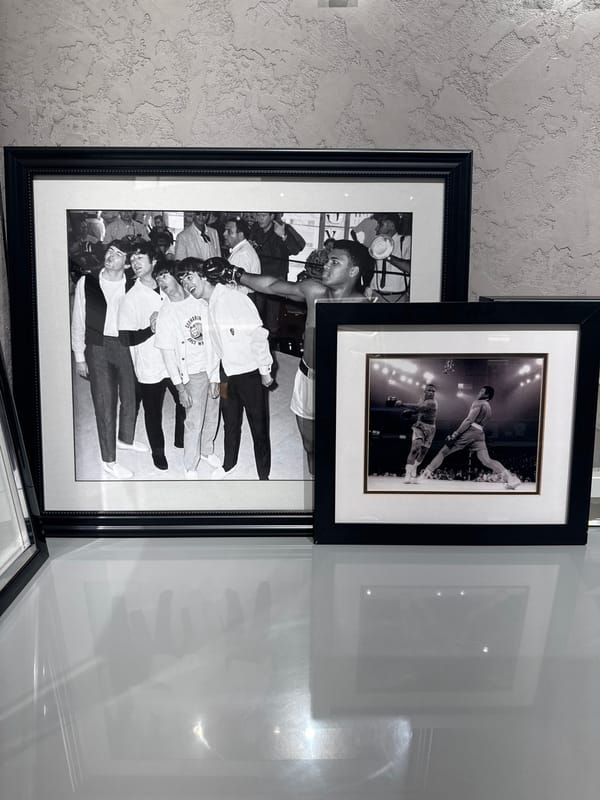 Black and white photographs displayed on Dubai wall