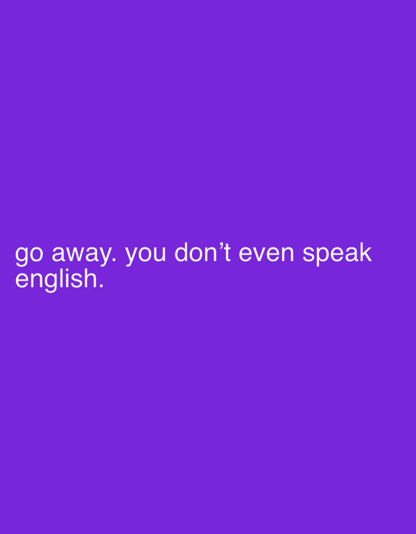 Dismissive English-language message displayed on purple background in Milan