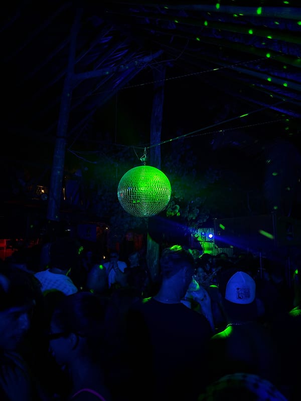 Outdoor night party with DJ and disco ball in Puerto Escondido