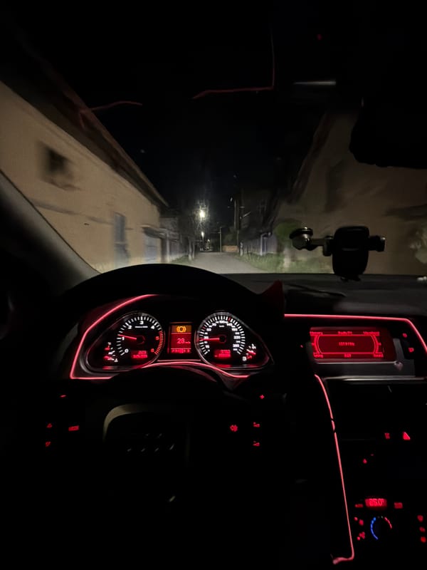 Nighttime dashboard view captured in Byala Cherkva, Bulgaria