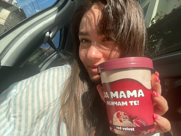 Red Velvet ice cream in a parked car, sunny Blagoevgrad afternoon