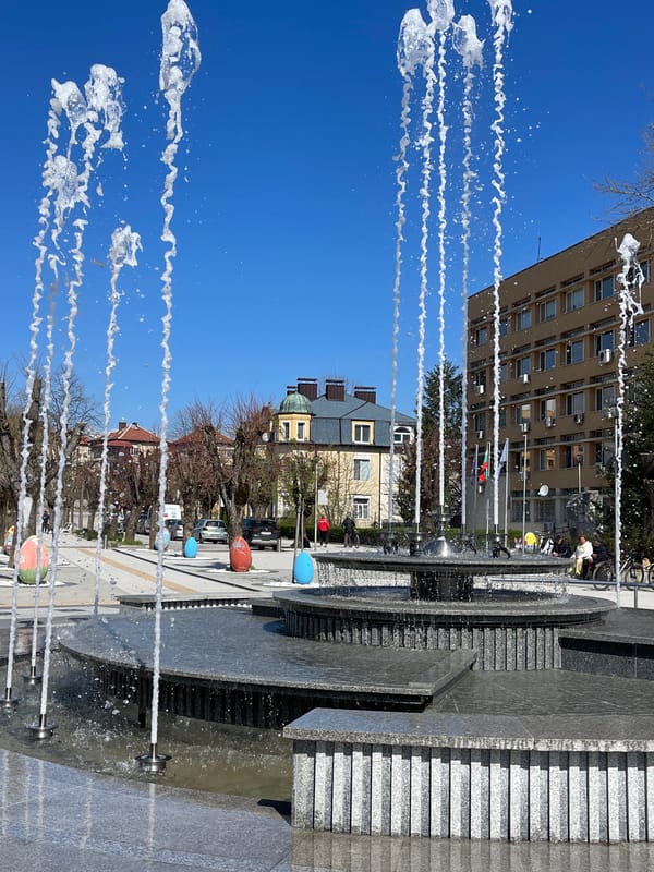 Easter decorations brighten Varshets Bulgaria during spring morning stroll