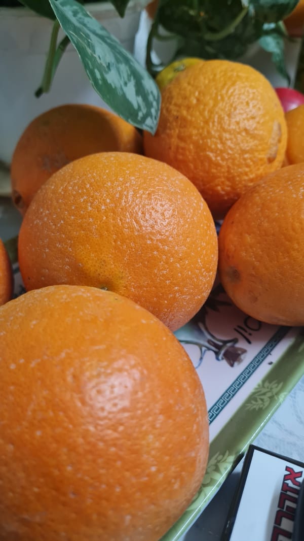 Oranges displayed on decorative tray in Rishon LeZion