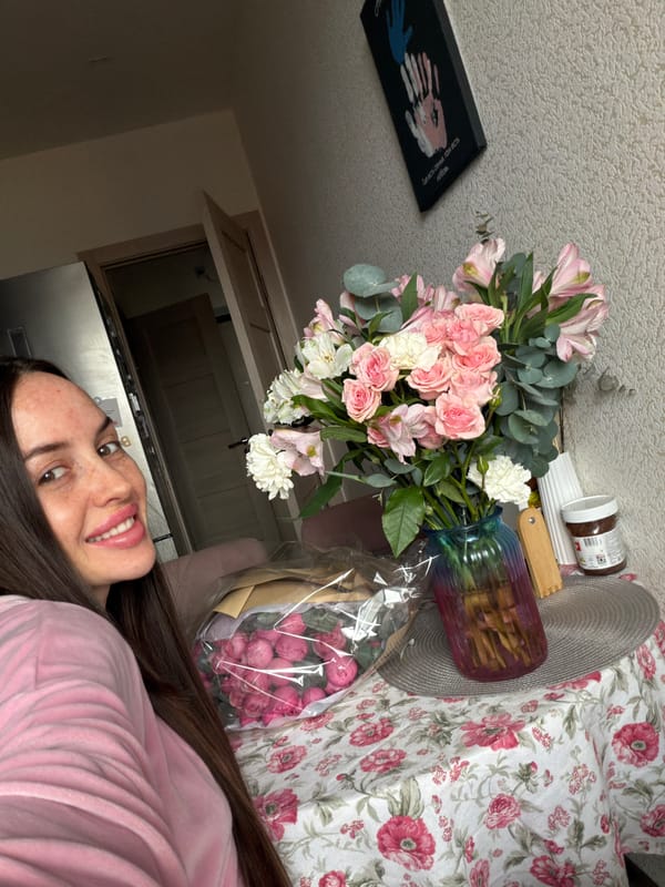 Morning at home with fresh pink flower bouquets in Russia