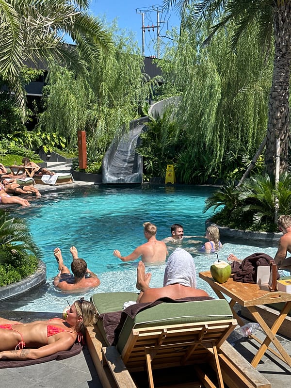 Crowded swimming pool observed in Canggu, Indonesia