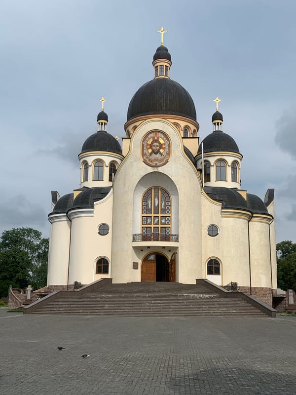 Kolomyia's domed Church of the Holy Resurrection on a grey morning