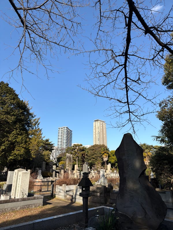 Cemetery scene captured in Minato blends traditional stones, modern skyline