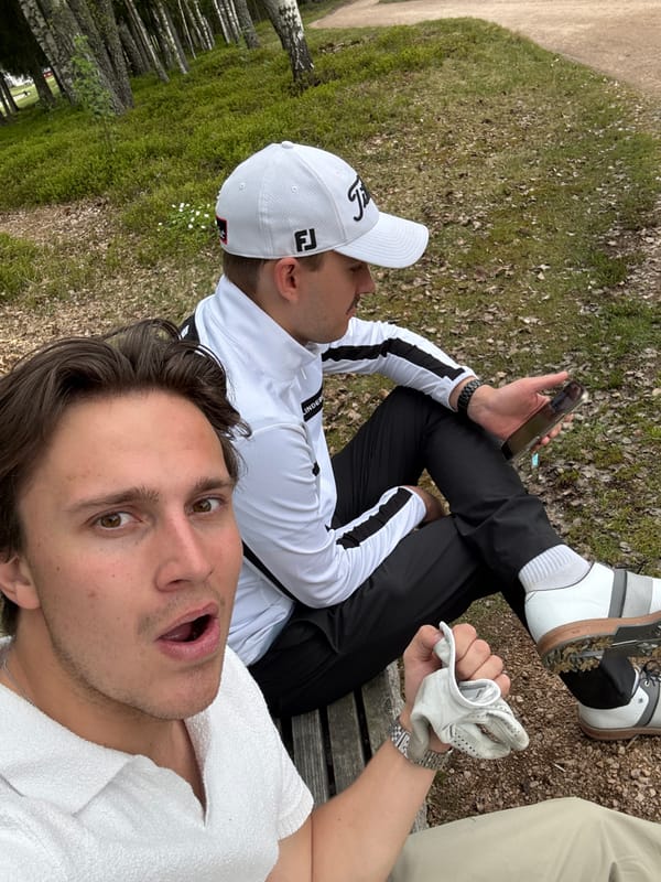 Two men spotted on bench in Sylling, one surprised