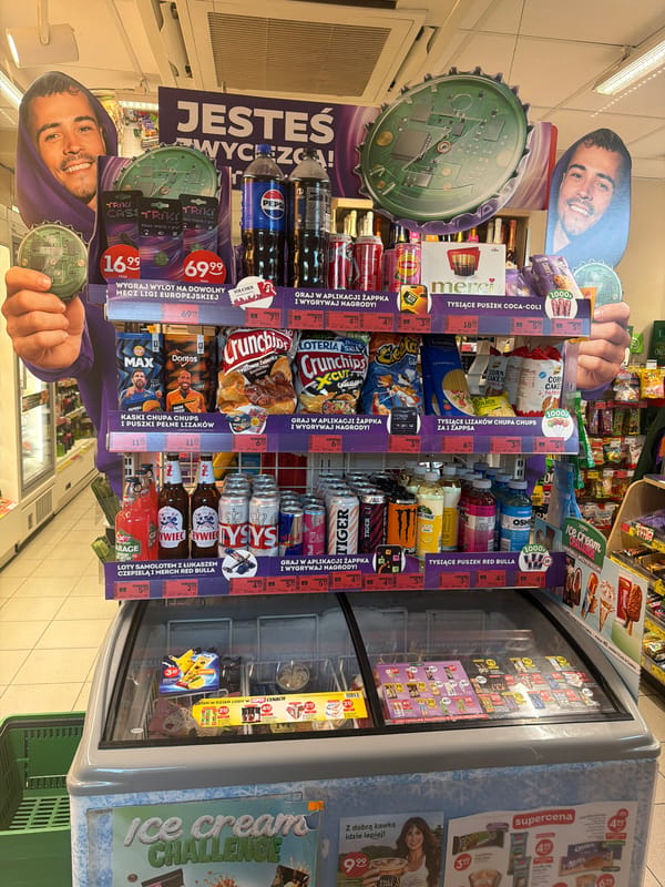 Inside a Szczecin convenience store: snacks, drinks, and small finds