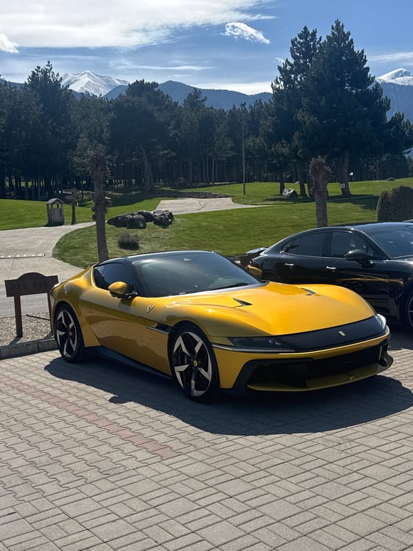 Yellow Ferrari spotted parked in mountain town Razlog, Bulgaria