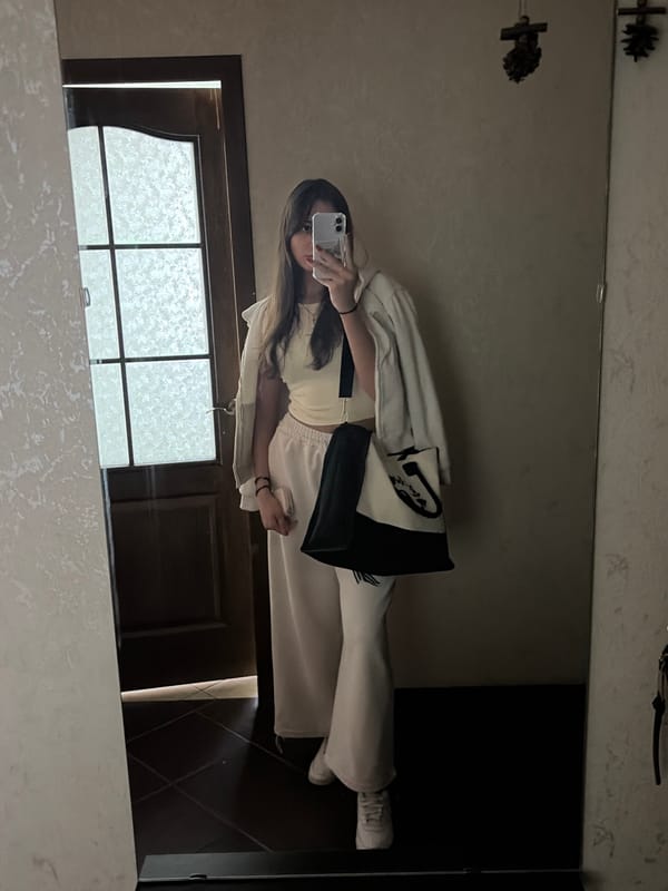 Mirror selfie in Tiraspol hallway, cream and beige fit