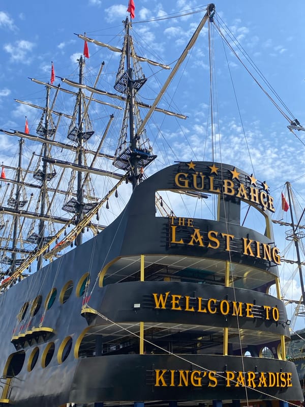 Pirate-themed tourist ships gather at Alanya harbor, Turkey