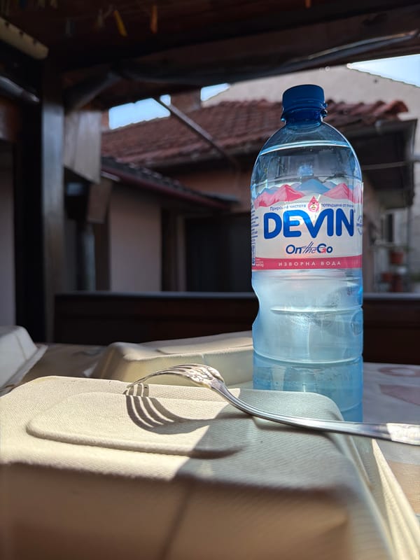Lunch in Lovech: carbonara and DEVIN water at a casual spot