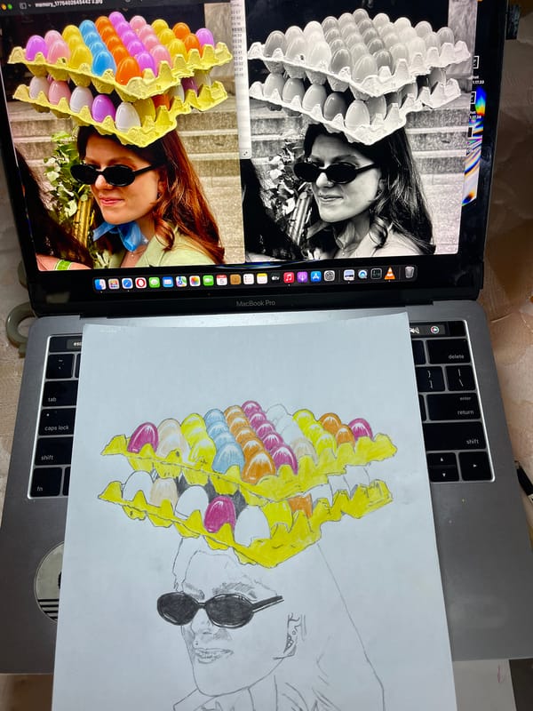 Artist sketches Easter egg carton hat drawing in Jos