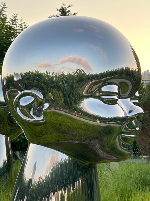 Reflective chrome head sculptures in a Krasnodar park