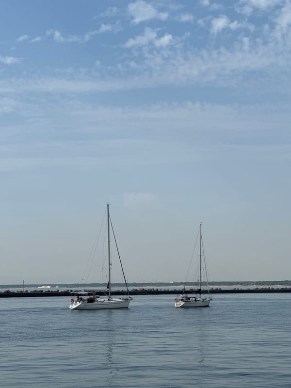 Sailboats and a pilot boat moving through calm Ravenna waters