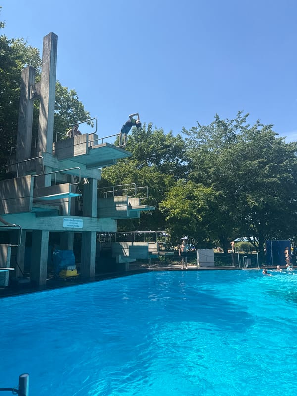 Summer afternoon at Rheinbach's outdoor pool diving tower