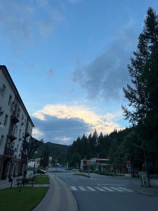 Street scene photographed in Rudozem, Bulgaria under cloudy skies