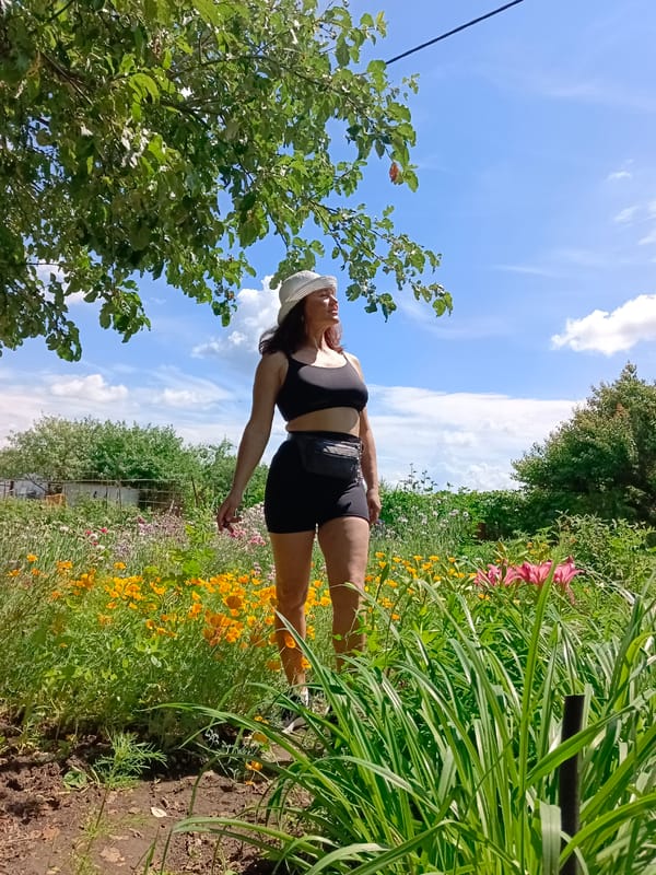 Garden workout session on a bright summer morning in Vyazovka
