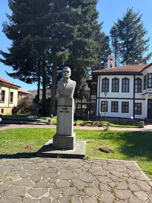 Tourist documents historical sites and police presence in Etropole, Bulgaria