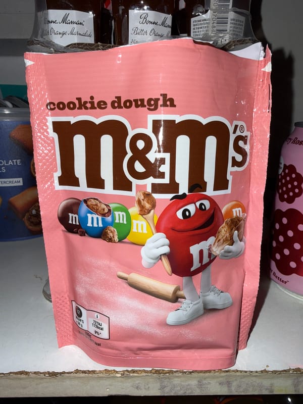 Pink M&M's package spotted among food display in London