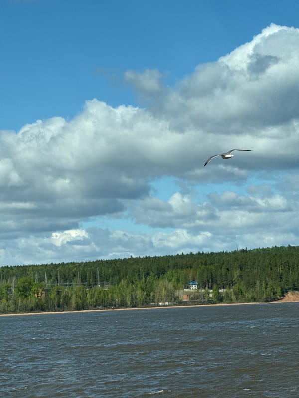 Spring waterscape observed at Chaikovsky reservoir under cloudy skies