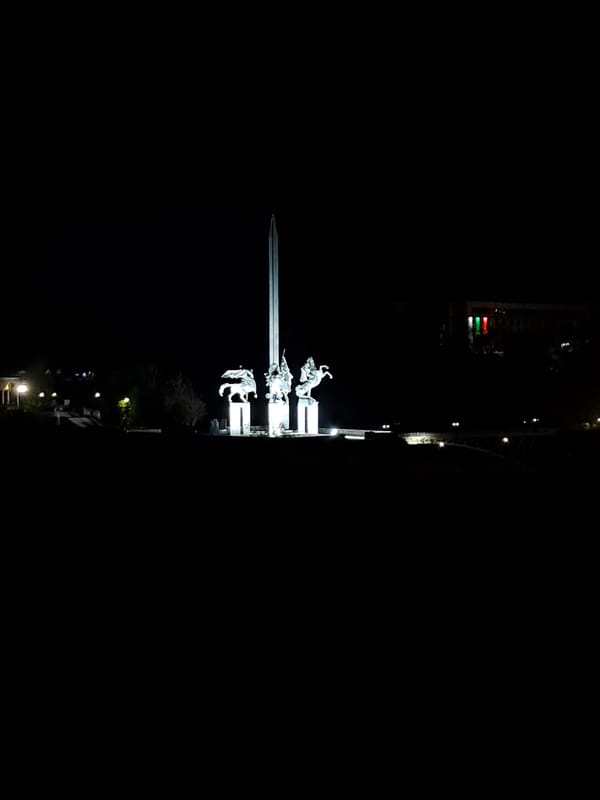 Nighttime monument photographed in Veliko Tarnovo, Bulgaria