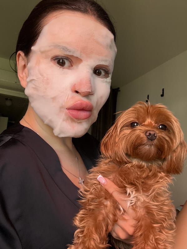Lazy Prague morning: face mask, coffee, and a fluffy dog
