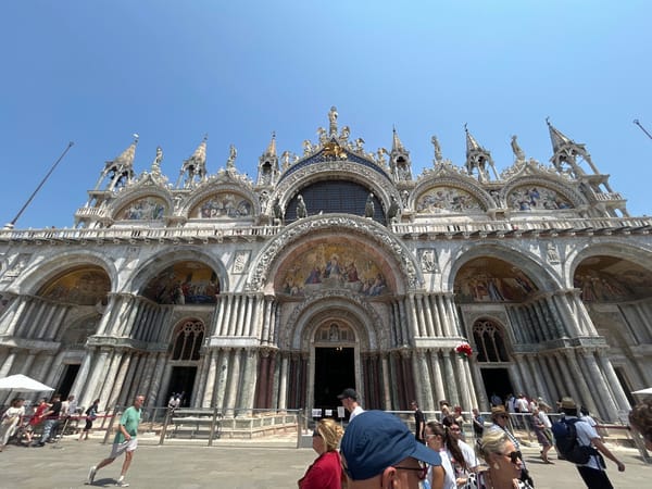 St. Mark's Basilica and gondolas on a clear Venice morning