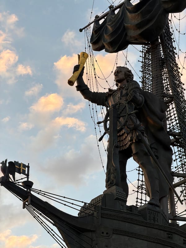 Peter the Great Statue photographed against sunset in Moscow