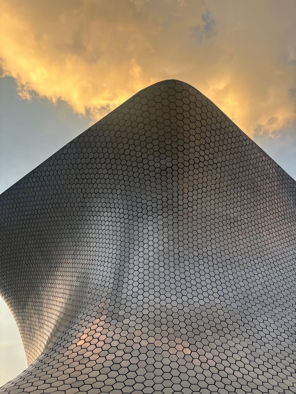 Museo Soumaya photographed from multiple angles during Mexico City dusk