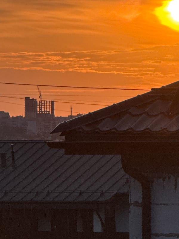 Seven angles on the same vivid urban sunset