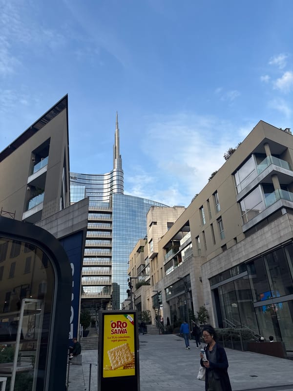 Milan street scene captures Unicredit Tower amid urban landscape