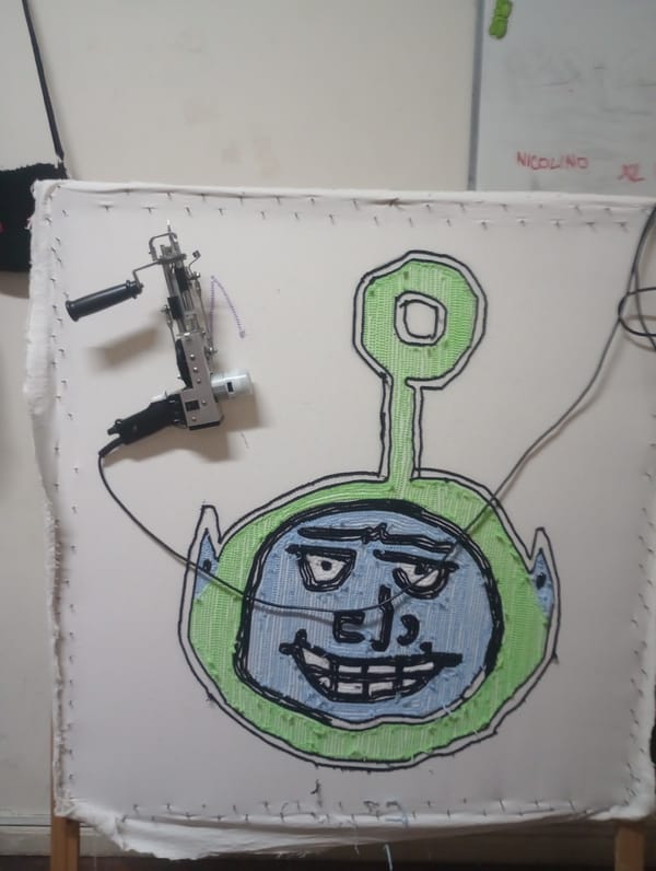 Late-night rug crafting session documented in Buenos Aires apartment